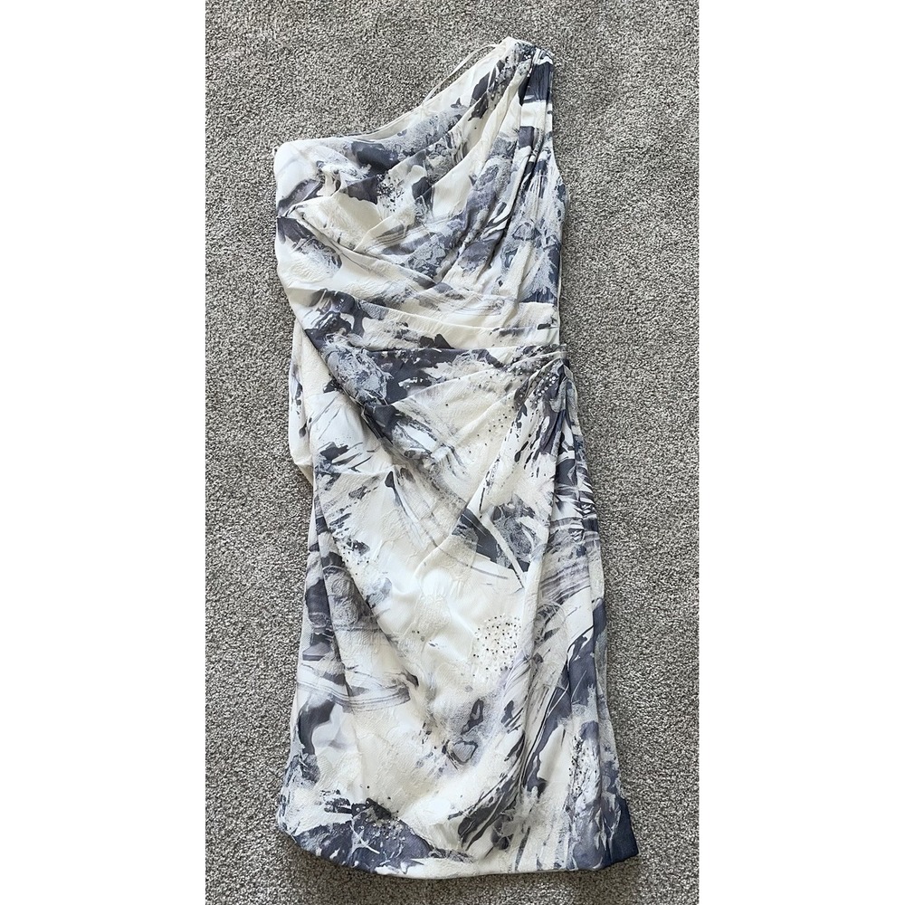 Theia Couture One Shoulder Ruched & Beaded Cocktail Dress Size 8 Ivory/Gray - Picture 3 of 10